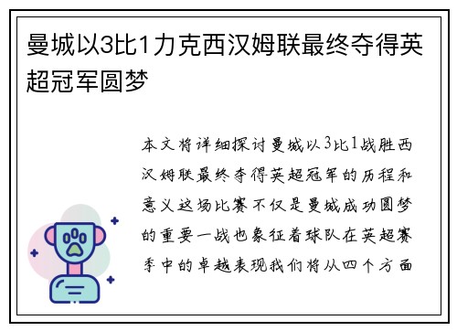 曼城以3比1力克西汉姆联最终夺得英超冠军圆梦