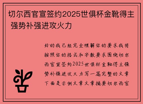 切尔西官宣签约2025世俱杯金靴得主 强势补强进攻火力