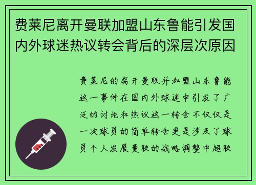 费莱尼离开曼联加盟山东鲁能引发国内外球迷热议转会背后的深层次原因